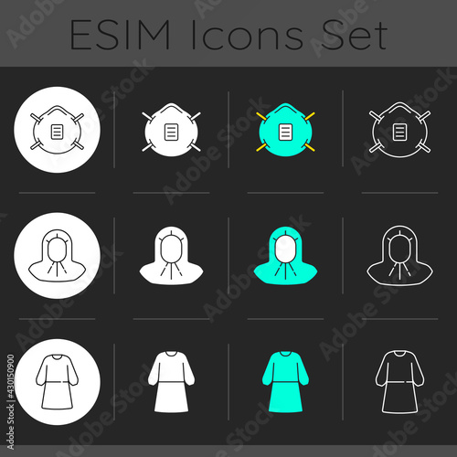 Personal protective equipment dark theme icons set. N 95 mask. Medical hood. Hospital safety. Disposable PPE. Linear white, solid glyph and RGB color styles. Isolated vector illustrations