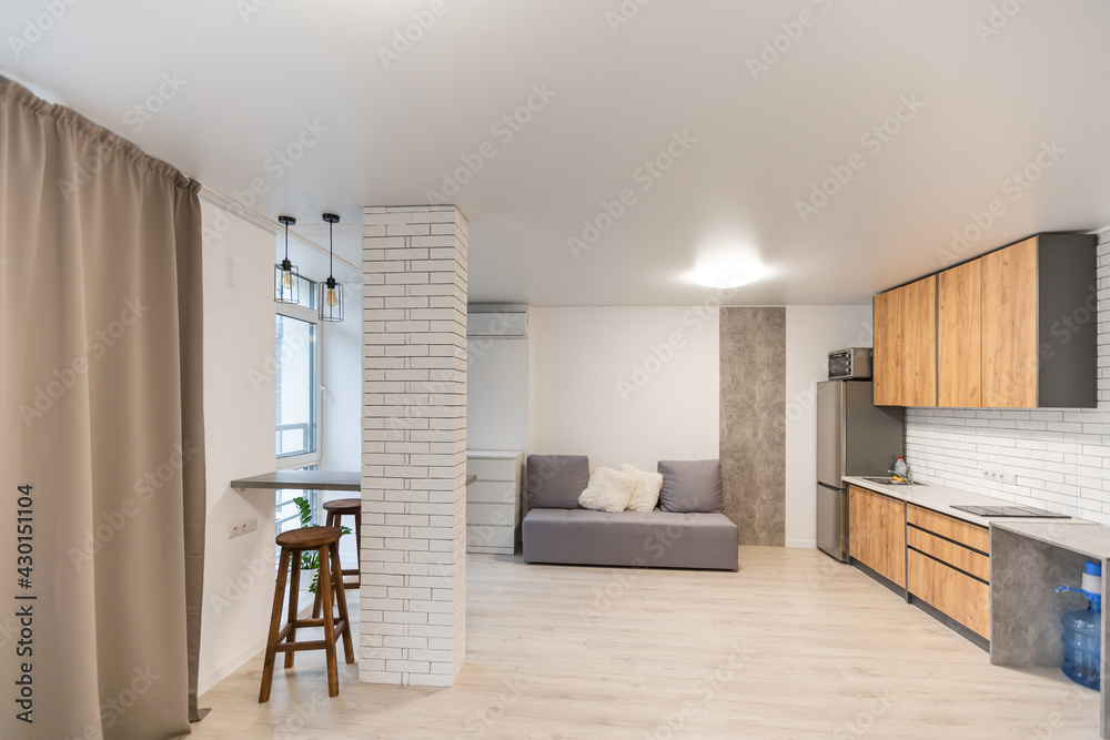 Fototapeta premium Modern apartment with kitchen and living room combined