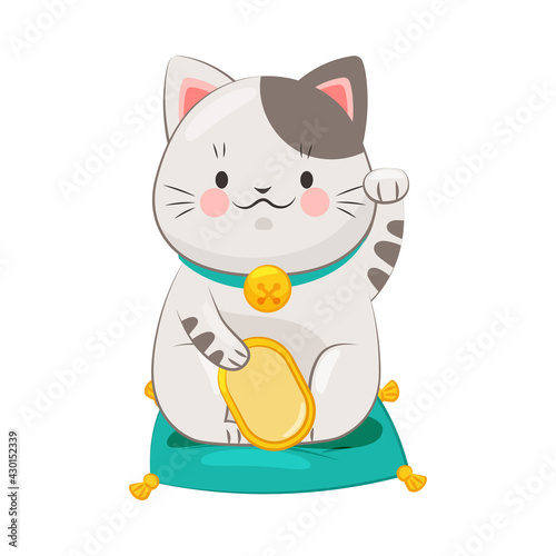 White Maneki-neko Cat with Raised Left Paw and Gold Coin as Ceramic Japanese Figurine Bringing Good Luck Vector Illustration