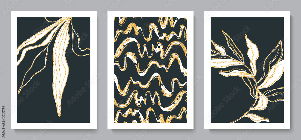 Set of beautiful backgrounds with tropical leaves, streaks and golden sparkles.Hand drawn style. Minimalist design for background, wallpaper, wall decor, brochure, print, card. Vector illustration. Set of beautiful backgrounds with tropical leaves, streaks and golden sparkles.Hand drawn style. Minimalist design for background, wallpaper, wall decor, brochure, print, card. Vector illustration.
