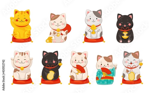 Maneki-neko Cat with Raised Paw as Ceramic Japanese Figurine Bringing Good Luck Vector Set