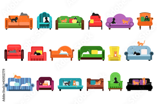 Cats Sitting and Sleeping on Soft Armchair and Sofas Vector Set © Happypictures