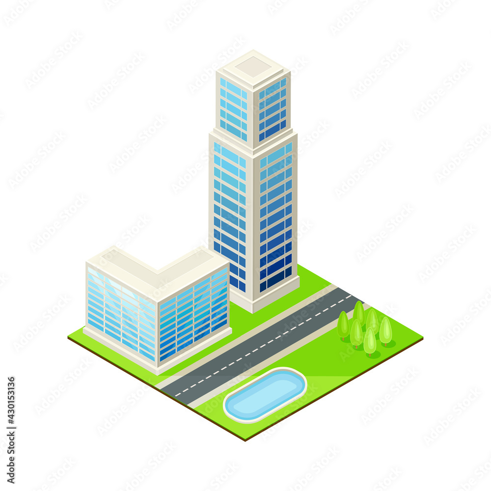 Isometric Cityscape with Skyscraper and Multistory Structure on Green Lawn Vector Illustration