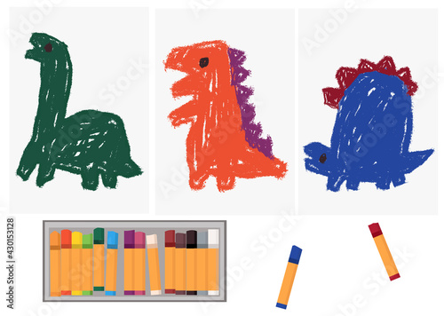 クレヨンで子供が描いたような恐竜の線画のセット（幼稚園や絵画コンクール、ステイホーム等に）
