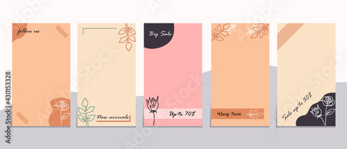 Editable social media frames, Stories template. Layout for business story: new arrival, new collection, sale, shop now, follow us. For fashion shops, brand. Set of 5