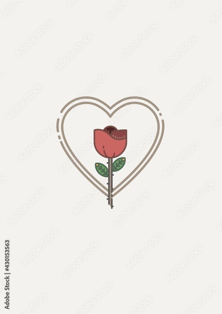 Fototapeta premium Rose flower icon over heart shape with copy space against white background
