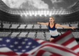 American flag waving over caucasian female athlete celebrating against sports stadium