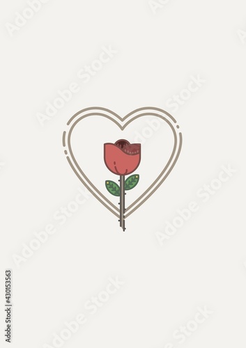 Rose flower icon over heart shape with copy space against white background