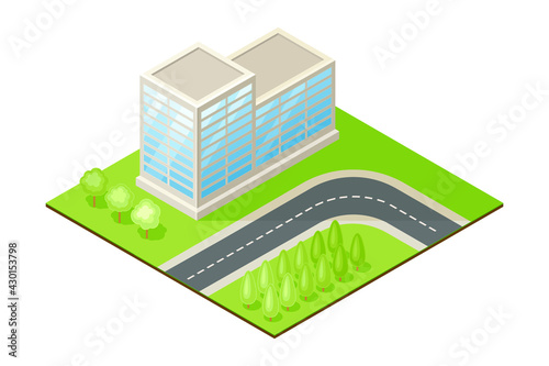Isometric Cityscape with Apartment Block or Multistory Structure on Green Lawn Vector Illustration
