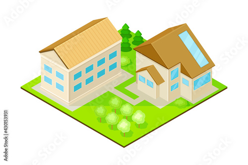 Suburban House with Greenways Isometric Cityscape Vector Illustration