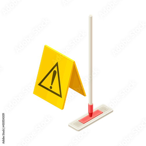 Household Cleaning Equipments with Plastic Mop and Yellow Warning Sign Isometric Vector Composition