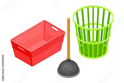 Household Cleaning Equipments with Wastepaper Basket and Sink Plunger Isometric Vector Composition