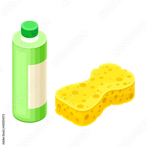 Detergent Bottle and Sponge as Household Cleaning Equipments Isometric Vector Composition