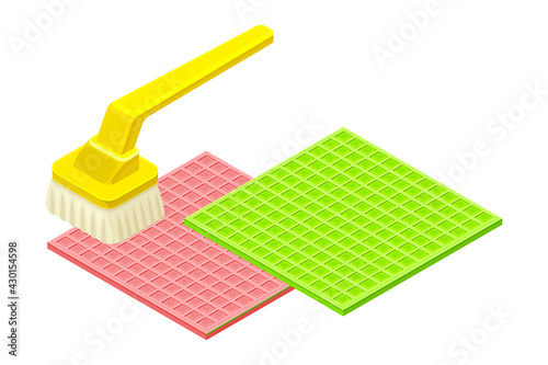 Scrub Brush with Handle Cleansing Mat as Household Cleaning Equipments Isometric Vector Composition