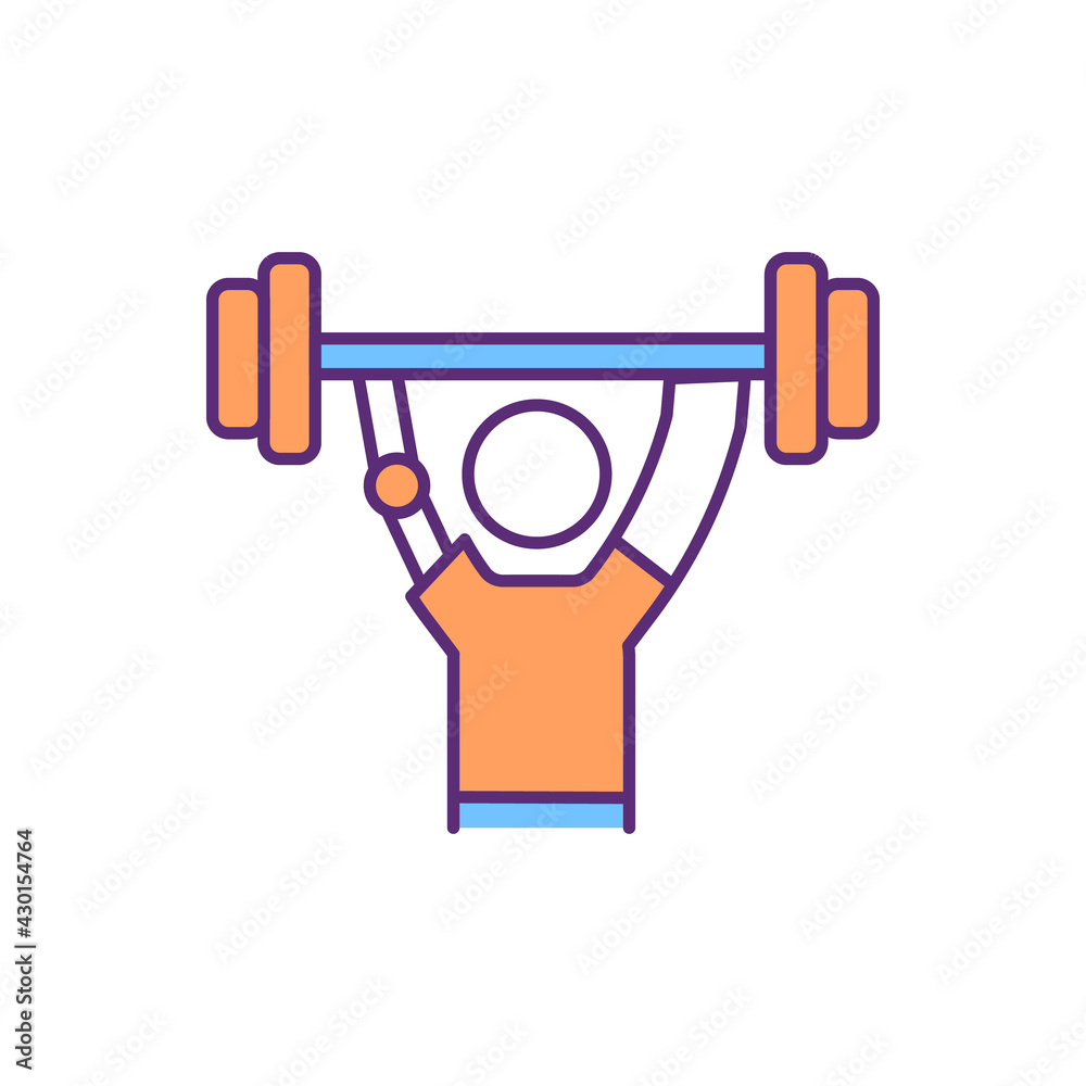 Weight-training prosthetic RGB color icon. Artificial arm for weightlifting. Physical ability. Fitness activities performance improvement. Myoelectric arm technology. Isolated vector illustration Weight-training prosthetic RGB color icon. Artificial arm for weightlifting. Physical ability. Fitness activities performance improvement. Myoelectric arm technology. Isolated vector illustration