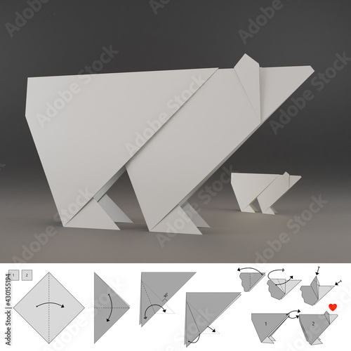 Polar bear origami, 3d render template and 2d illustration. Design paper arctic bear step by step instruction. Monochromatic black, gray and white colors.