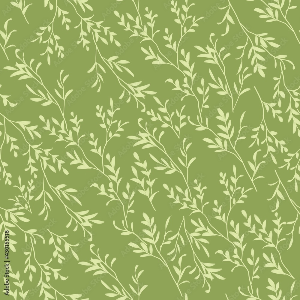 Seamless natural pattern. Tree branches with leaves on a green background. Botanical illustration. Design of wallpaper, fabrics, textiles, packaging, posters, postcards,  wedding design. 
