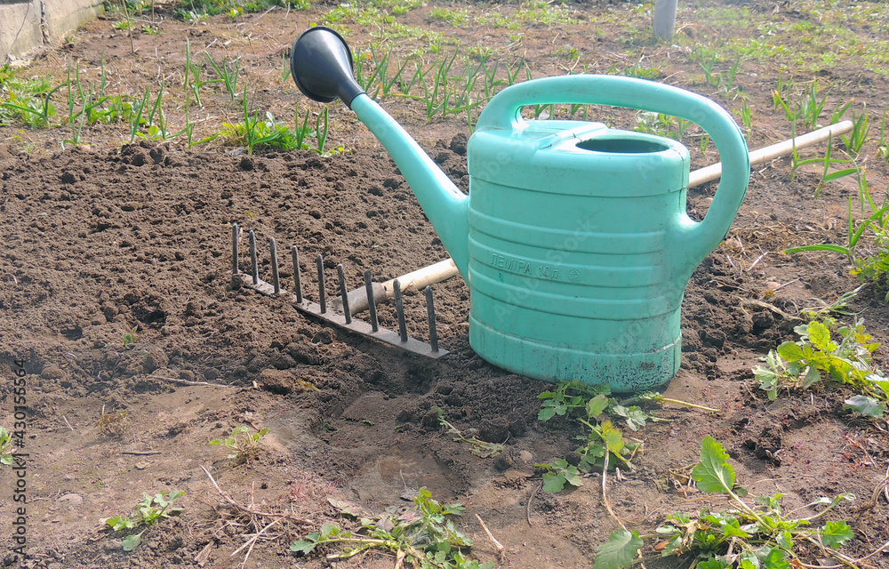 garden tools for working in the garden. Watering can, shovel, rake. garden tools for working in the garden. Watering can, shovel, rake.