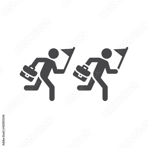 Businessman running black vector icon. Employee with briefcase and flag glyph symbol.