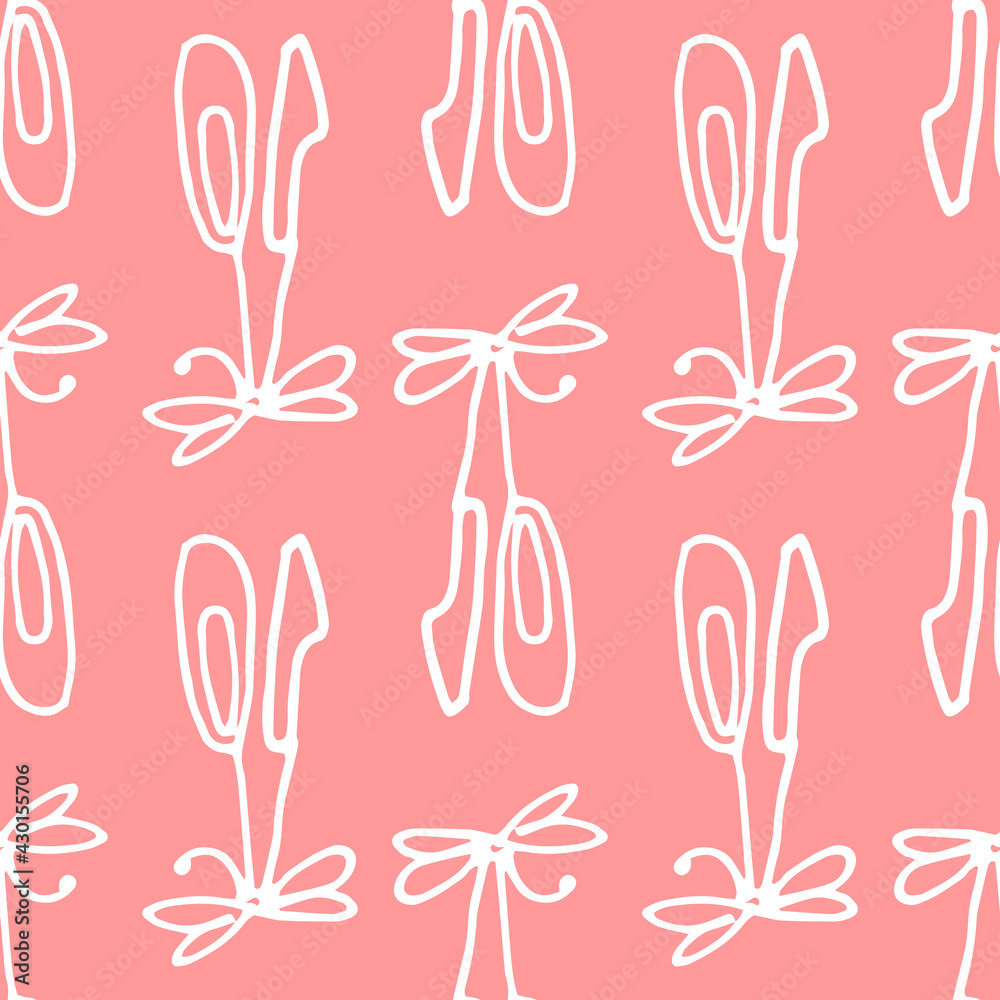 a pattern of a pair of ballet flats on a ribbon with a white line on a pink background. Seamless pattern of children's pointe shoes tied with a bow hand drawn in doodle style with a white line on a pa