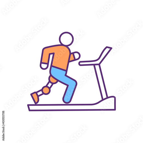 Treadmill training with prosthetic lower limb RGB color icon. Outdoor walking and running simulation. Physical strength and vitality improvement. Rehabilitation. Isolated vector illustration