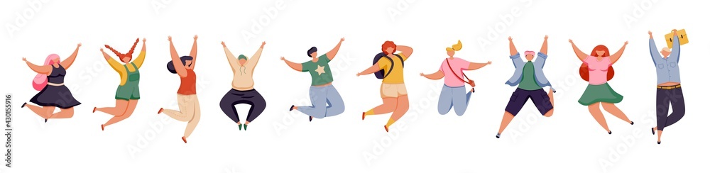 Happy jumping people. Cheerful young male and female in colorful clothes isolated on white background. Active group of people. Flat vector illustration.