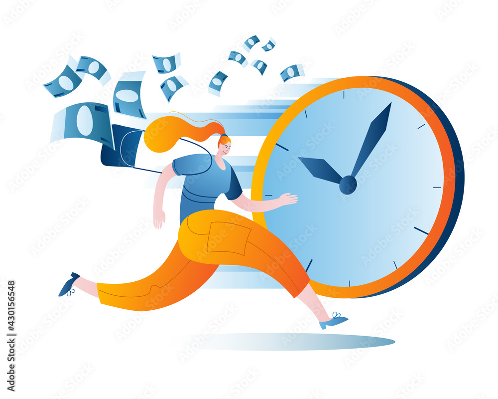 A woman with a handbag is running fast. Vector illustration in a flat style on the theme of time management and working time planning. A woman with a handbag is running fast. Vector illustration in a flat style on the theme of time management and working time planning.