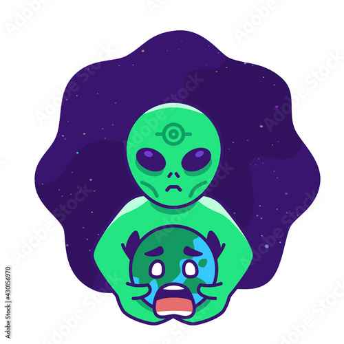 alien invasion the earth concept cartoon illustration. cute alien holding earth mascot cartoon illustration