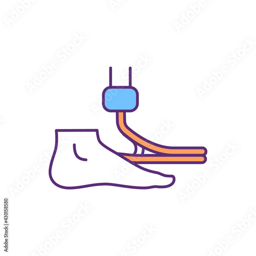 Balance control with single prosthetic leg RGB color icon. Prosthetic gait training. Lower-limb amputee. Leg muscles training. Standing and walking control. Isolated vector illustration