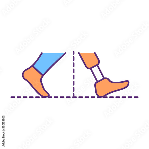 Walking stability with prosthesis RGB color icon. Physical rehabilitation process. Stability-related parameters. Functional activity. Artificial limb strength and control. Isolated vector illustration