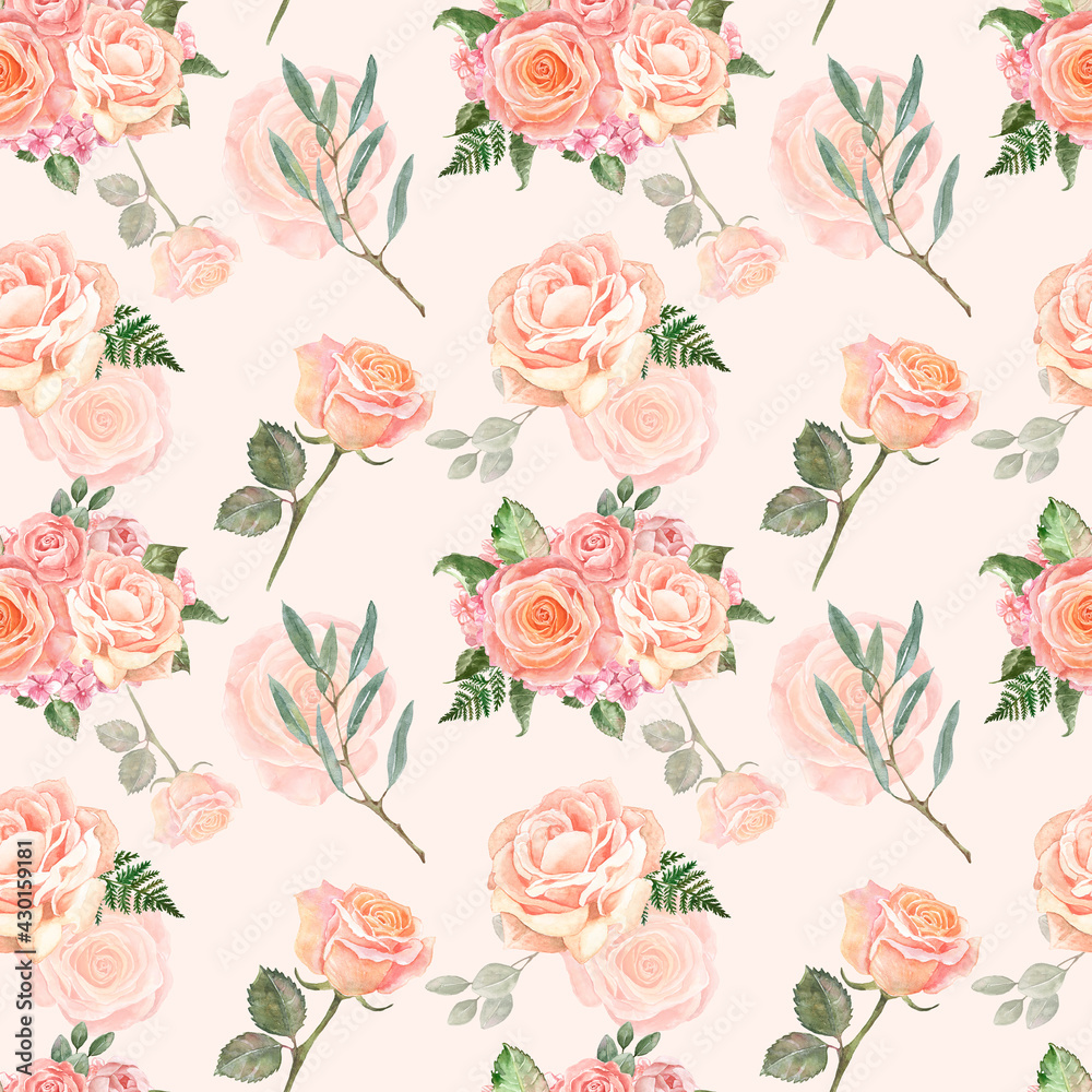 Watercolor neutral soft colors flowers seamless pattern. Hand drawn nude cream roses, eucalyptus leaves on peach pink background. Botanical wallpapers.
