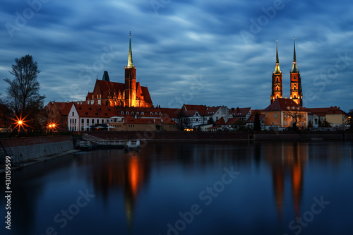 evening view of the Odra River and Tumski Island in the city of Wroclaw in Poland