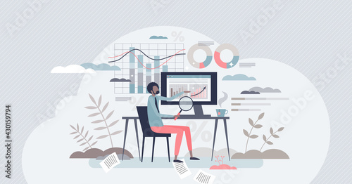 Business analyst and finance management or chart review tiny person concept. Company revenue, profit or budget planning vector illustration. Accountant report and statistic money monitor or research.