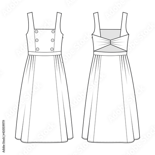 Fashion technical drawing of sundress. Fashion illustration of summer dress