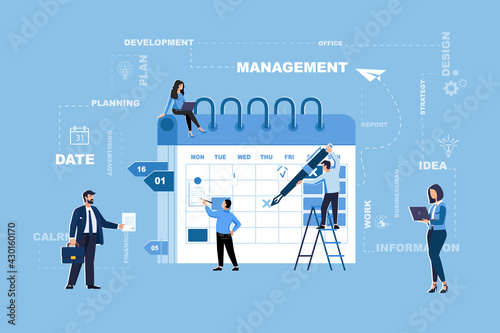 People planning a business on a calendar. Teamwork, business concept promotion on the Internet. Businessmen men and women, job collection rating, ideas. Characters of little people.Vector illustration