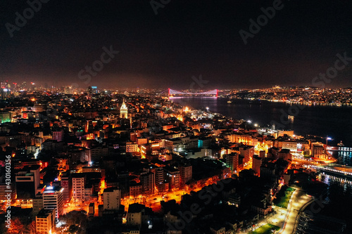 Istanbul, Turkey, night city lights, drone flight. Beautiful panorama view.