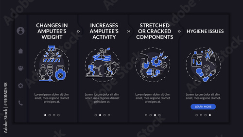 Artificial limb replacement onboarding vector template. Responsive mobile website with icons. Web page walkthrough 4 step screens. Changes in amputee body night mode concept with linear illustrations