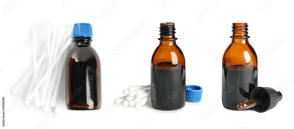 Set with bottles of medical iodine on white background. Banner design Set with bottles of medical iodine on white background. Banner design