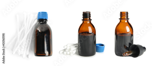 Cuadro en lienzo Set with bottles of medical iodine on white background
