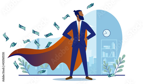 Ethnic businessman superhero - African-American man with red cape standing proud in office being a brave hero. Business winner and success concept. Vector illustration.