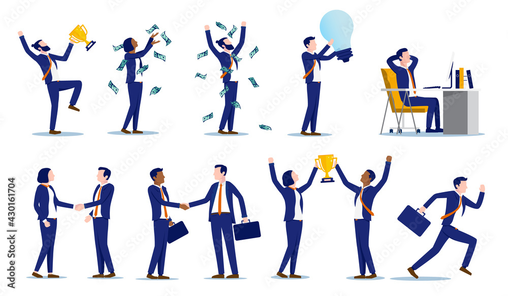 Successful businesspeople set - Collection of happy business people celebrating success, working and winning. Vector illustration.