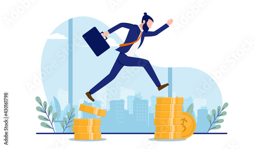 Pay raise - Businessman jumping from coins stack, getting higher salary and earning money. Vector illustration with white background.