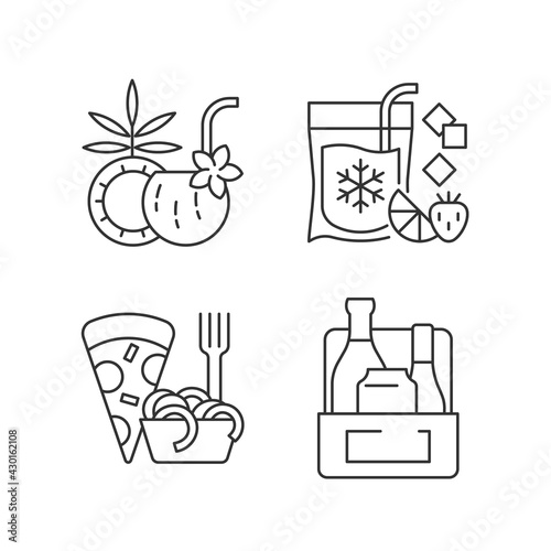 Pickup and delivery option linear icons set. Coconut cocktail. Frozen beverage. Pizza. Alcoholic drinks. Customizable thin line contour symbols. Isolated vector outline illustrations. Editable stroke
