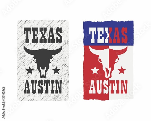 Set of color illustrations of a bull skull, text, flag and stars on a background with a grunge texture. Vector illustration in vintage style for emblem, poster, print and label. Texas symbol.