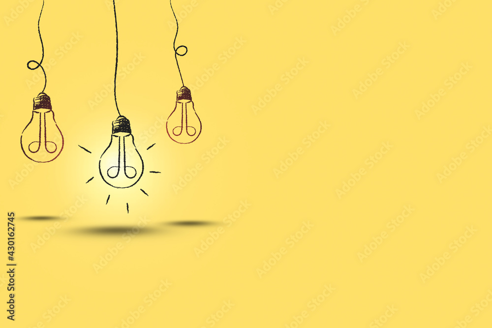 illustration of hanging glowing light bulb on yellow background and copy space. illustration of hanging glowing light bulb on yellow background and copy space.