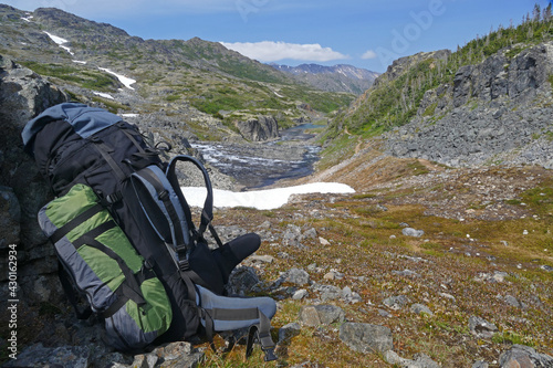 Large overnight backpack on famous Chilkoot Trail, beautiful alpine zone landscape, historic gold rush hiking route between Alaska and British Columbia, Canada