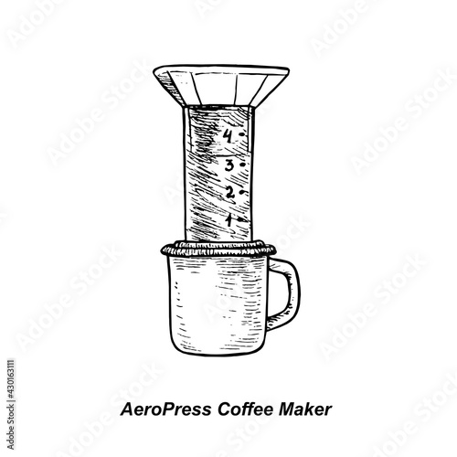 AeroPress Coffee Maker, gravure style ink drawing illustration with handwritten inscription
