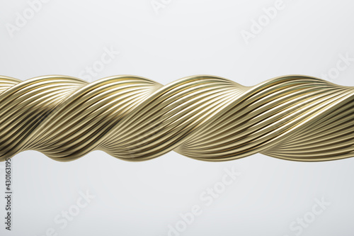 Fototapeta Naklejka Na Ścianę i Meble -  Golden spiral pattern made of multiple wires on a white background. Wallpaper and background presentation design concept, 3d rendering