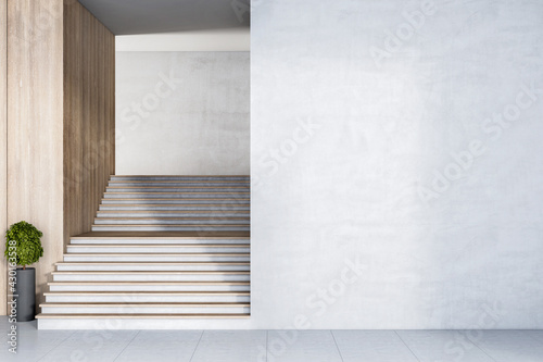 Fototapeta Naklejka Na Ścianę i Meble -  Eco style stairs with wooden decoration near blank light concrete wall. 3D rendering, mock up