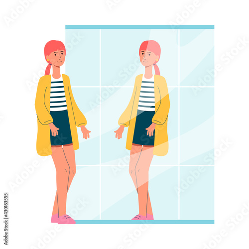 Cartoon woman smiling at mirror reflection - vector illustration